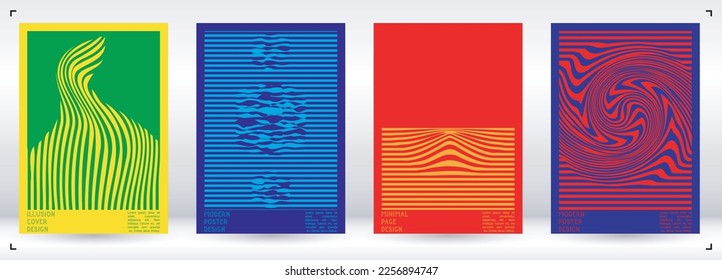 Geometrical Poster Design with Optical Illusion Effect.  Minimal Psychedelic Cover Page Collection. Bright Wave Lines Background. Fluid Stripes Art. Swiss Design. Vector Illustration for Placard.