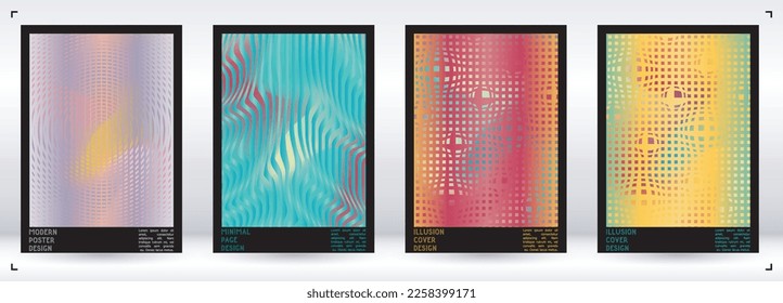 Geometrical Poster Design with Optical Illusion Effect.  Minimal Psychedelic Cover Page Collection. Bright Wave Lines Background. Fluid Stripes Art. Swiss Design. Vector Illustration for Banner. 