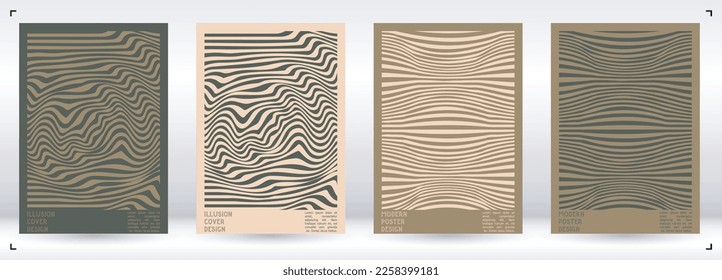 Geometrical Poster Design with Optical Illusion Effect.  Minimal Psychedelic Cover Page Collection. Calm Wave Lines Background. Fluid Stripes Art. Swiss Design. Vector Illustration for Brochure.