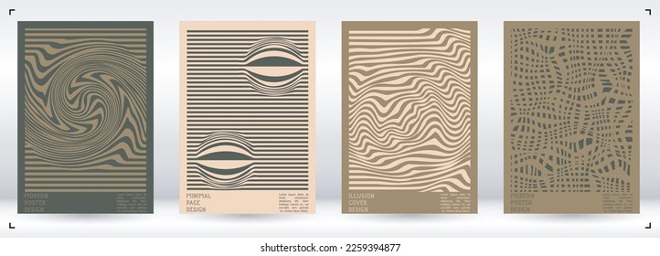 Diseño de afiches geométricos con efecto de ilusión óptica.  Colección mínima de portadas psicodélicas. Fondo de las líneas de onda tranquilas. Arte de Rayas Fluidas. Diseño Suizo. Ilustración vectorial para pancarta. 