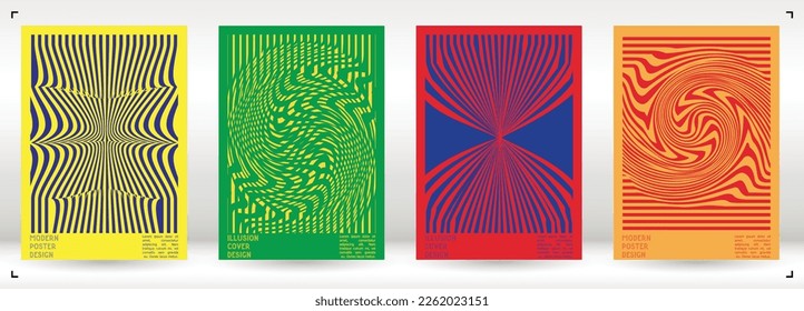 Geometrical Poster Design with Optical Illusion Effect.  Minimal Psychedelic Cover Page Collection. Neon Wave Lines Background. Fluid Stripes Art. Swiss Design. Vector Illustration for Banner. 