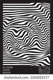 Geometrical Poster Design with Optical Illusion Effect.  Minimal Psychedelic Cover Page Collection. Monochrome Wave Lines Background. Fluid Stripes Art. Swiss Design. Vector Illustration for Placard.