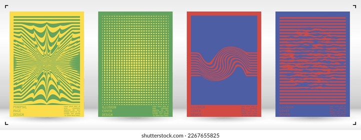 Diseño de afiches geométricos con efecto de ilusión óptica.  Colección mínima de portadas psicodélicas. Fondo de las líneas onduladas. Arte de Rayas Fluidas. Diseño Suizo. Ilustración vectorial para Placard.
