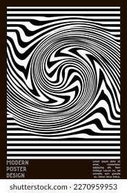 Diseño de afiches geométricos con efecto de ilusión óptica.  Colección mínima de portadas psicodélicas. Fondo de las líneas onduladas monocromáticas. Arte de Rayas Fluidas. Diseño Suizo. Ilustración vectorial para el folleto. 