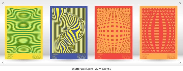 Geometrical Poster Design with Optical Illusion Effect.  Minimal Psychedelic Cover Page Collection. Monochrome Wave Lines Background. Fluid Stripes Art. Swiss Design. Vector Illustration for Brochure.