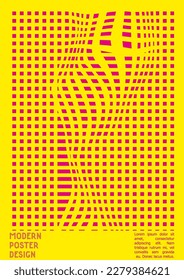 Geometrical Poster Design with Optical Illusion Effect.  Minimal Psychedelic Cover Page Collection. Bright Wave Lines Background. Fluid Stripes Art. Swiss Design. Vector Illustration for Placard.