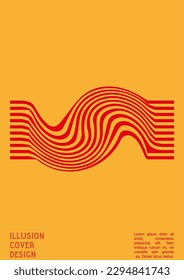 Geometrisches Poster-Design mit optischem Illusionseffekt.  Minimale Kollektion von psychedelischen Titelseiten. einfarbiger Hintergrund der Wellenlinien. Fluid Stripes Art. Swiss Design. Vektorgrafik für Banner. 