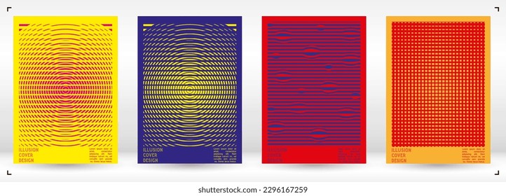 Geometrical Poster Design with Optical Illusion Effect.  Minimal Psychedelic Cover Page Collection. Monochrome Wave Lines Background. Fluid Stripes Art. Swiss Design. Vector Illustration for Booklet. 