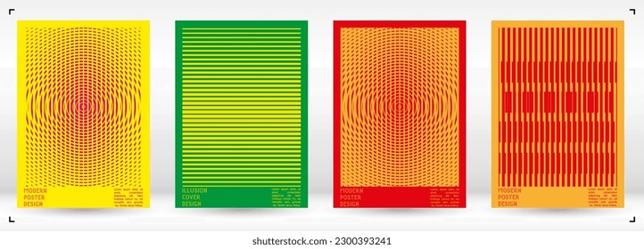 Geometrical Poster Design with Optical Illusion Effect.  Modern Psychedelic Cover Page Collection. Monochrome Wave Lines Background. Fluid Stripes Art. Swiss Design. Vector Illustration for Placard.