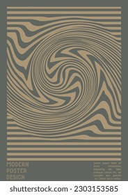Geometrical Poster Design with Optical Illusion Effect.  Minimal Psychedelic Cover Page Collection. Grey Wave Lines Background. Fluid Stripes Art. Swiss Design. Vector Illustration for Report, 