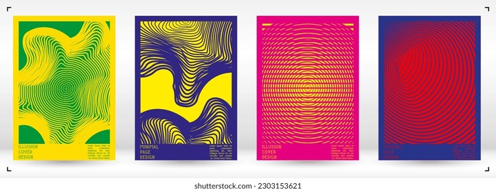 Geometrical Poster Design with Optical Illusion Effect.  Minimal Psychedelic Cover Page Collection. Monochrome Wave Lines Background. Fluid Stripes Art. Swiss Design. Vector Illustration for Flyer.