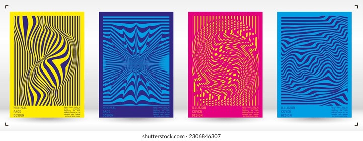 Geometrical Poster Design with Optical Illusion Effect.  Minimal Psychedelic Cover Page Collection. Bright Wave Lines Background. Fluid Stripes Art. Swiss Design. Vector Illustration for Flyer.