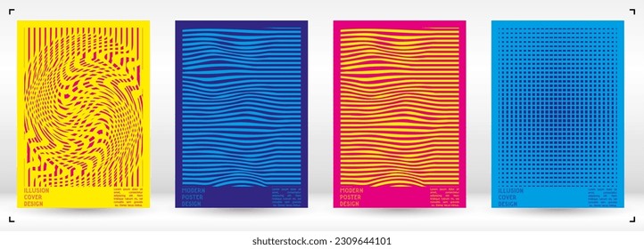 Diseño de afiches geométricos con efecto de ilusión óptica.  Colección mínima de portadas psicodélicas. Fondo de las líneas onduladas monocromáticas. Arte de Rayas Fluidas. Diseño Suizo. Ilustración vectorial para Placard.