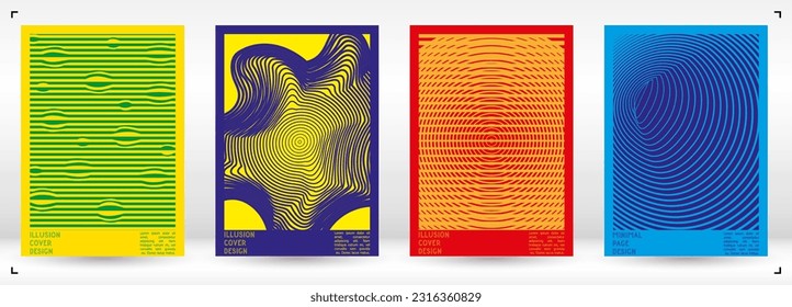 Geometrical Poster Design with Optical Illusion Effect.  Minimal Psychedelic Cover Page Collection. Bright Wave Lines Background. Fluid Stripes Art. Swiss Design. Vector Illustration for Placard.