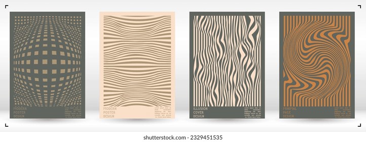 Geometrical Poster Design with Optical Illusion Effect.  Minimal Psychedelic Cover Page Collection. Neon Wave Lines Background. Fluid Stripes Art. Swiss Design. Vector Illustration for Brochure.