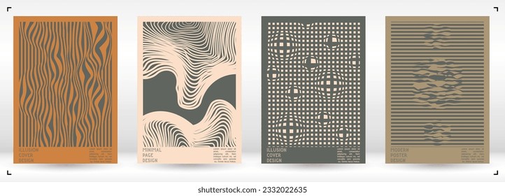 Geometrical Poster Design with Optical Illusion Effect.  Minimal Psychedelic Cover Page Collection. Neon Wave Lines Background. Fluid Stripes Art. Swiss Design. Vector Illustration for Booklet. 