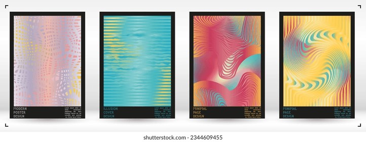 Diseño de afiches geométricos con efecto de ilusión óptica.  Colección mínima de portadas psicodélicas. Fondo de las líneas de onda de Gradint. Arte de Rayas Fluidas. Diseño Suizo. Ilustración vectorial para folleto.