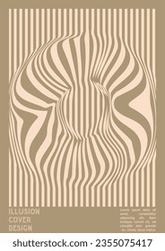 Geometrical Poster Design with Optical Illusion Effect.  Modern Psychedelic Cover Page Collection. Brown Wave Lines Background. Fluid Stripes Art. Swiss Design. Vector Illustration for Banner. 