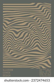 Geometrical Poster Design with Optical Illusion Effect.  Minimal Psychedelic Cover Page Collection. Grey Wave Lines Background. Fluid Stripes Art. Swiss Design. Vector Illustration for Report, 
