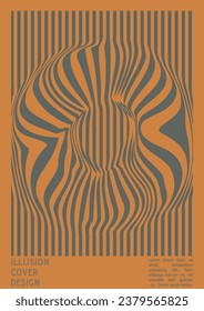 Geometrical Poster Design with Optical Illusion Effect.  Modern Psychedelic Cover Page Collection. Brown Wave Lines Background. Fluid Stripes Art. Swiss Design. Vector Illustration for Report, 