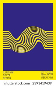 Geometrical Poster Design with Optical Illusion Effect.  Minimal Psychedelic Cover Page Collection. Neon Wave Lines Background. Fluid Stripes Art. Swiss Design. Vector Illustration for Magazine.