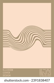 Diseño de afiches geométricos con efecto de ilusión óptica.  Colección moderna de portadas psicodélicas. Fondo de las líneas de onda marrón. Arte de Rayas Fluidas. Diseño Suizo. Ilustración vectorial para pancarta. 