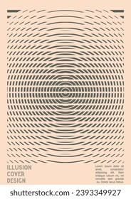 Geometrical Poster Design with Optical Illusion Effect.  Minimal Psychedelic Cover Page Collection. Grey Wave Lines Background. Fluid Stripes Art. Swiss Design. Vector Illustration for Booklet. 