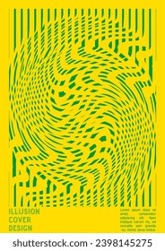 Geometrisches Poster-Design mit optischem Illusionseffekt.  Minimale Kollektion von psychedelischen Titelseiten. Neon Wave Lines Hintergrund. Fluid Stripes Art. Swiss Design. Vektorgrafik für Banner. 