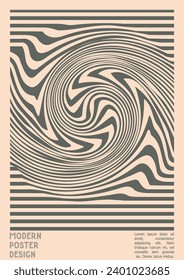 Geometrical Poster Design with Optical Illusion Effect.  Minimal Psychedelic Cover Page Collection. Grey Wave Lines Background. Fluid Stripes Art. Swiss Design. Vector Illustration for Brochure, 