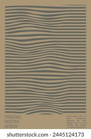 Diseño de póster geométrico con efecto de ilusión óptica.  Colección mínima de portada psicodélica. Fondo de líneas de onda gris. Arte de rayas fluidas. Diseño suizo. Ilustración vectorial para Flyer,