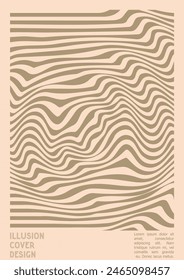 Geometrical Poster Design with Optical Illusion Effect.  Minimal Psychedelic Cover Page Collection. Grey Wave Lines Background. Fluid Stripes Art. Swiss Design. Vector Illustration for Magazine,