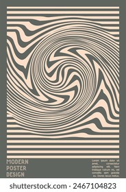 Geometrical Poster Design with Optical Illusion Effect.  Minimal Psychedelic Cover Page Collection. Grey Wave Lines Background. Fluid Stripes Art. Swiss Design. Vector Illustration for Banner. 