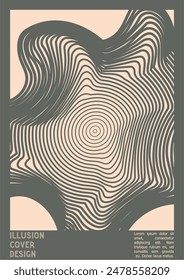 Geometrical Poster Design with Optical Illusion Effect.  Minimal Psychedelic Cover Page Collection. Grey Wave Lines Background. Fluid Stripes Art. Swiss Design. Vector Illustration for Banner. 