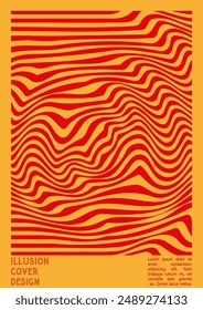 Geometrisches Posterdesign mit optischem Illusionseffekt.  Moderne psychedelische Titelseite Kollektion. Bunte Wellenlinien Hintergrund. In: Fluid Stripes Art. Swiss Design. Vektorillustration für das Magazin.