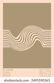 Geometrical Poster Design with Optical Illusion Effect.  Modern Psychedelic Cover Page Collection. Brown Wave Lines Background. Fluid Stripes Art. Swiss Design. Vector Illustration for Brochure, 