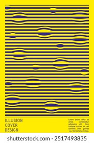 Geometrical Poster Design with Optical Illusion Effect.  Modern Psychedelic Cover Page Collection. Colourful Wave Lines Background. Fluid Stripes Art. Swiss Design. Vector Illustration for Brochure.