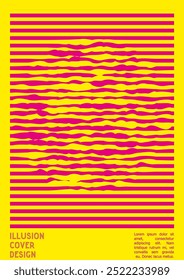 Geometrical Poster Design with Optical Illusion Effect.  Minimal Psychedelic Cover Page Collection. Neon Wave Lines Background. Fluid Stripes Art. Swiss Design. Vector Illustration for Magazine.