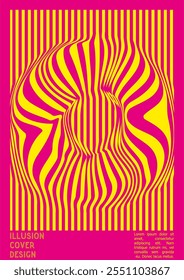 Geometrical Poster Design with Optical Illusion Effect.  Modern Psychedelic Cover Page Collection. Monochrome Wave Lines Background. Fluid Stripes Art. Swiss Design. Vector Illustration for Placard.