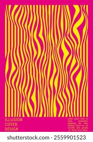 Geometrical Poster Design with Optical Illusion Effect.  Minimal Psychedelic Cover Page Collection. Bright Wave Lines Background. Fluid Stripes Art. Swiss Design. Vector Illustration for Booklet. 