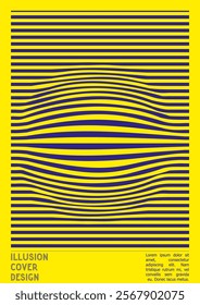 Geometrical Poster Design with Optical Illusion Effect.  Minimal Psychedelic Cover Page Collection. Monochrome Wave Lines Background. Fluid Stripes Art. Swiss Design. Vector Illustration for Report.