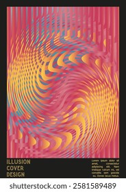 Geometrical Poster Design with Optical Illusion Effect.  Modern Psychedelic Cover Page Collection. Colourful Wave Lines Background. Fluid Stripes Art. Swiss Design. Vector Illustration for Magazine.