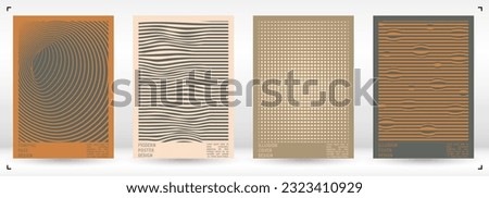 Geometrical Poster Design with Optical Illusion Effect.  Minimal Psychedelic Cover Page Collection. Monochrome Wave Lines Background. Fluid Stripes Art. Swiss Design. Vector Illustration for Booklet. 