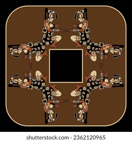 Geometrical rectangular ethnic ornament or frame with seated indigenous Mayan men or women. Native American art of Maya Indians. Mexico or Guatemala. 