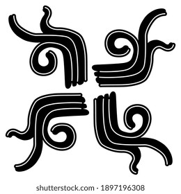 Geometrical rectangular ornament with four swirls. Native American ethnic motif of Maya Indians. Black and white silhouette.