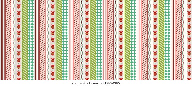 Geometrisches rotes und grünes Weihnachtsmuster. Streifenhintergrund für festliche Urlaubspackungen.