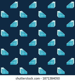 Geometrical repeat pattern.
Blue monochrome background.
Triangle shape little houses polka dots pattern.