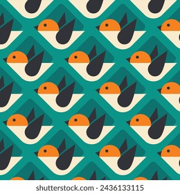 Geometrical Retro Birds Teal Wallpaper