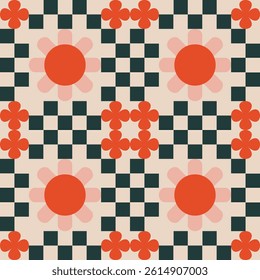 Geometrical retro daisy seamless pattern design with checkered and daisy element in bright colors vector