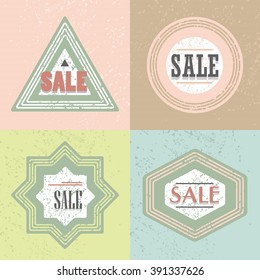 Geometrical retro different shapes SALE emblem and stickers icons set on trendy matte colors backgrounds