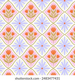 Geometrisches Retro-Muster mit Blumen. Druck für Grußkarte, Packpapier, Textil, Bildschirmhintergrund und Einladungshintergrund.